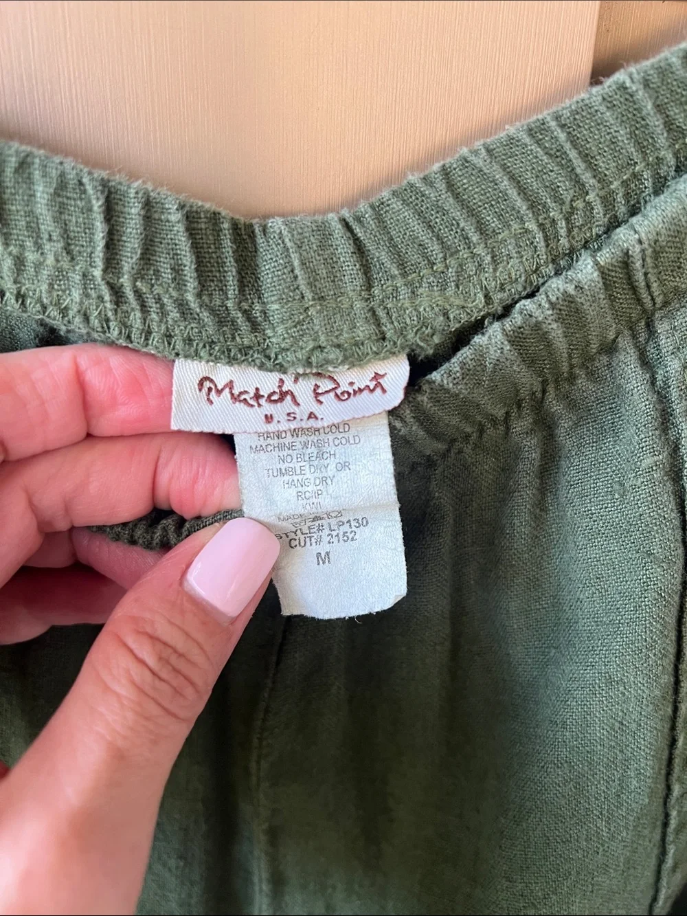 Match Point USA Sz M Olive Green Linen Set Top & Pull-on Pants